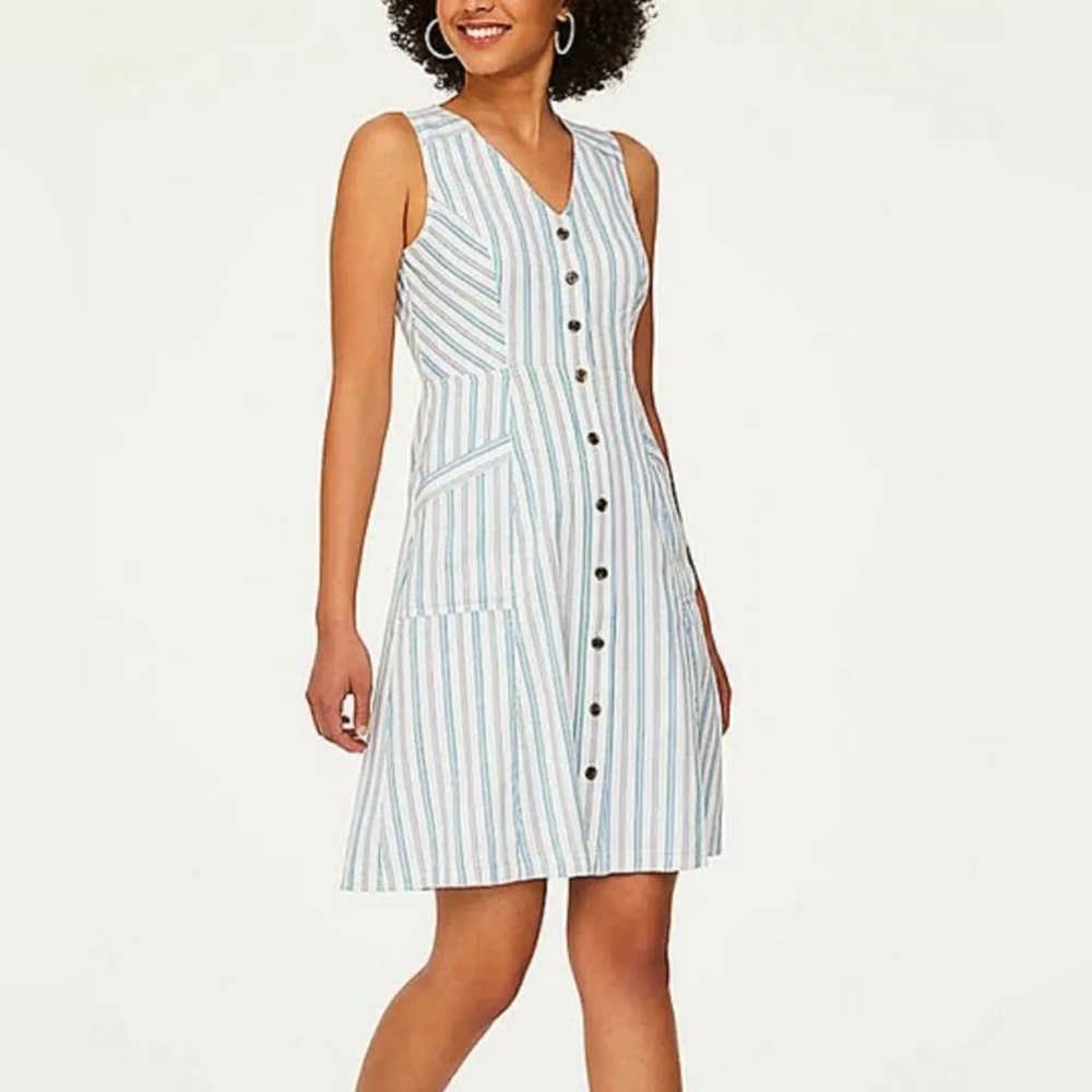 LOFT Size 0 Women's White and Gray Striped Pocket Button-Up Sleeveless Dress